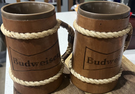 Vintage Wood Budweiser Tankards Removable Plastic Insert Rope Trim/Handles - £13.82 GBP