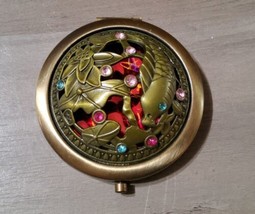 Brass Jeweled Enchanted Pond Compact Double Mirror Makeup Cosmetic Magnifying - £26.03 GBP