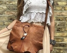 Ethnic leather bag Large boho crossbody bag Vintage handmade bag  - $235.00