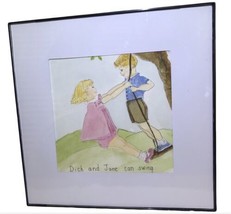 Handpainted Painting Glass Front framed “Dick and Jane can swing”  8x8 S... - $23.67