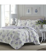 Full / Queen size 3-Piece Cotton Quilt Set with White Purple Floral Pattern - £143.31 GBP