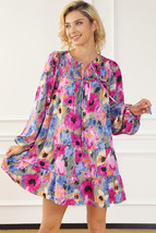 Multicolour Floral Tie Neck Bubble Sleeve Shift Dress - $18.38