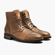 Men&#39;s Golden Color Lace up Cape Toe High Ankle Genuine Leather Boots US 7-16 - £125.33 GBP