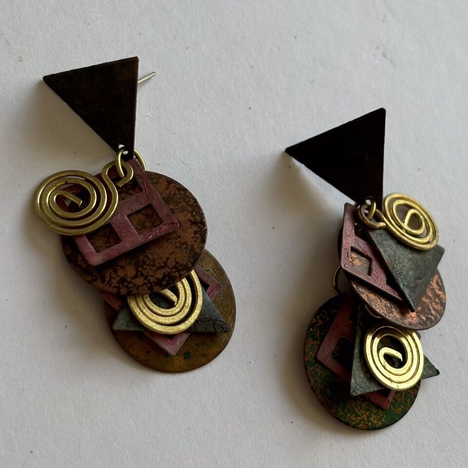 Vintage 80s Patina Metal Earrings Rose Green Blue Brass Curls Funky Pier... - $27.00