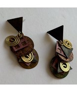 Vintage 80s Patina Metal Earrings Rose Green Blue Brass Curls Funky Pier... - $37.03 CAD