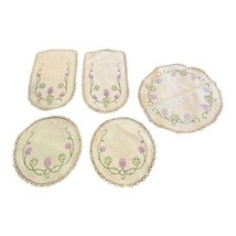 Set Of 5 Vtg Floral Embroidered Dresser Table Setting Crochet Lace Spring Doily - £37.36 GBP