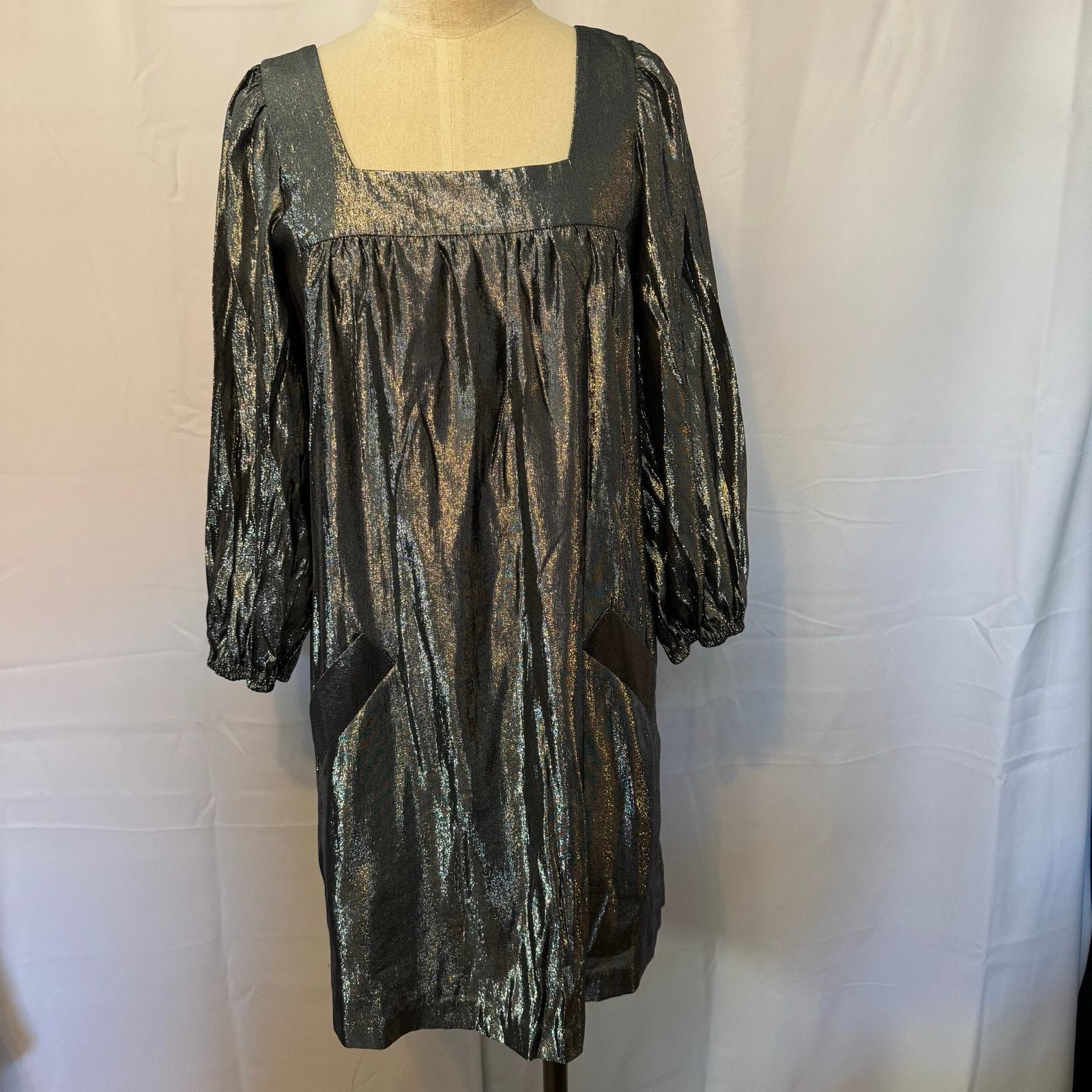 Betsey Johnson Metallic Silk Babydoll Dress Puff Sleeve Size 8 USA - $74.95