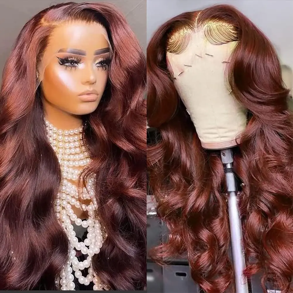 Reddish Brown 13X4 Body Wave Lace Front Wig Dark Red Brown Transparent 3... - $119.97+