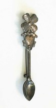 Charming 4-leaf Clover &amp; Heart Sterling Silver Spoon Brooch 1950s vintage 2 3/4&quot; - £15.77 GBP