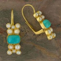 2.80 Ct Vintage Turquoise and Pearl Drop/Dangle Earrings 18K Yellow Gold Finish - £87.31 GBP