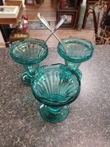3 Vtg Teal Turquoise Blue Tulip Sundae Dessert Parfait Glass Footed Cups... - $29.69