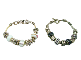 Set 2 Charm Bracelets Glass Beads Rhinestones Silver Gold Tones Rope Crafts 7&quot; - £17.33 GBP