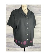 Kim Rogers Linen Shirt Womens PL Floral Embroidery Short Sleeve Button Down - $13.37