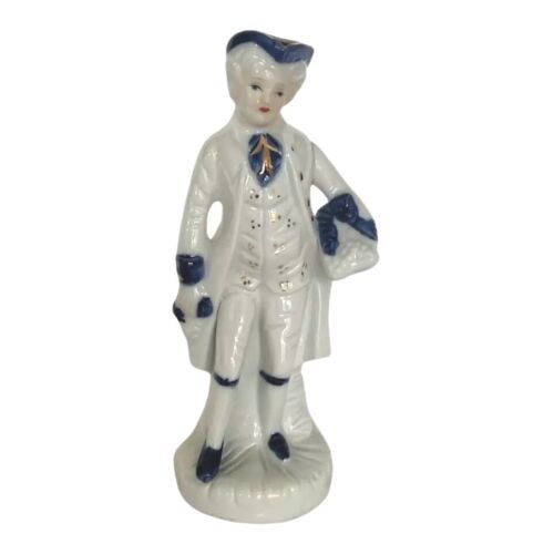 Primary image for Antique Vintage Victorian Colonial Man Figurine Blue White Fine Porcelain