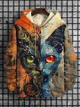 Men&#39;s Fantasy Colorful Line Drawing Cat Art Print Hooded Sweatshirt - $30.00