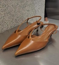 ZARA BNWT 2025. BROWN CARAMEL LEATHER SLINGBACK SHOE KITTEN. 2245/410/105 - $77.51