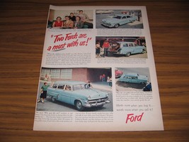 1953 Print Ad &#39;53 Fords 4-Door &amp; Station Wagon Blue 50&#39;s Gas Station &amp; Pumps - £14.67 GBP