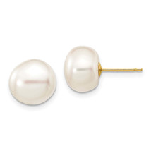 10k Gold 9-10mm White Button Freshwater Cultured Pearl Stud Post Earrings - $87.00