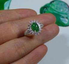 Cert'd Fine Natural Type A Emerald Jadeite Jade Oval Cabochon S925 Ring - $400.00