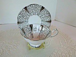 VTG CHINA QUEEN ANNE TEACUP &amp; SAUCER SILVER LACE WEDDING ANNIVERSARY ENG... - $8.86