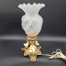 Rare 1920s Vintage 3 Cherub Brass Lamp Ornate Ornate Ruffeled Etched Sha... - £77.31 GBP