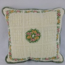 Floral Needlepoint Pillow Wreath 10&quot; Square Woven Cream Green Velvet Wool Vtg - £9.55 GBP