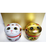 Beckoning cat Tea Can Set Tin Case Manekineko Japan Style - $61.71