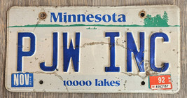 Expired Minnesota Personalized Vanity License Plate PJW INC 1992 - £13.02 GBP