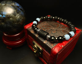 Aquarius Zodiac Gemstone Bracelet: Angelite, Black Obsidian, Matte Pearl - $26.94