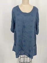 Bella Amore Tunic Top Sz S/M Blue Polka Dot Linen Oversized Pockets Shirt - £29.67 GBP