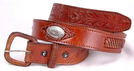 Vintage Leather Belt-34-Tooled-Weave-Handmade-Conchos-Brown-Leather Buckle- - $30.84
