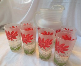 Vintage Frosted Glass Pitcher/ 6 tumblers Red White Green floral - £59.87 GBP