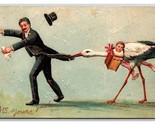 Comic Stork Grabs Man By Coat Tails Embossed DB Postcard G19 - $6.88