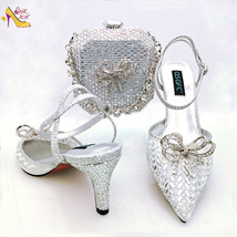 New Matching Women  Silver Shoes and Bag Set Sparkling Diamond With Pearl Flower - £112.75 GBP