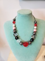 Hand Crafted Necklace Large Beads Red Metal Black White Clear - £6.33 GBP