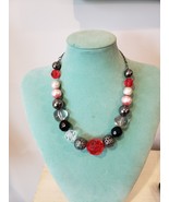 Hand Crafted Necklace Large Beads Red Metal Black White Clear - £6.33 GBP