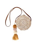 Round White Rattan Crossbody Bag With Triple Pom Charm - €38,76 EUR