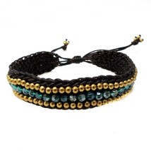 Cool &amp; Stylish Green Stone &amp; Brass Beads with Cotton Rope Pull String Bracelet - £7.21 GBP