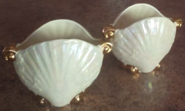 2 Vtg 1940&#39;s Opalescent Seashell Vase Lusterware Ceramic Planter Gold Trim - $98.99