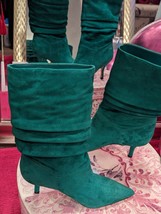 NINEWEST Mycki Green Ruched Real Suede Mid Calf Boot Pointy Toe Christmas Heel - $99.99