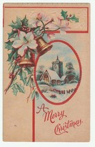 Vintage Postcard Christmas Church in Snow Gold Bells Red Trim Embossed - £6.11 GBP