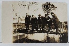 RPPC Attractive Men Posing on Log Bridge Peering Pointing in Water Postcard Q7 - £10.43 GBP