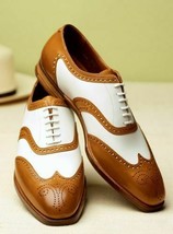 Men Two Tone Tan White Cont Genuine Leather Spectator Wing Tip Brogue Toe Shoes - £121.78 GBP+