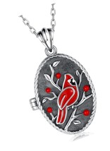 Silver Cardinal Locket Necklace for Photo - S925 Red - $146.49