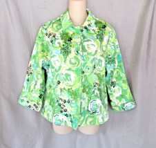 Casual Studio jacket button front Med green floral 3/4 sleeves cuffs unl... - $18.57