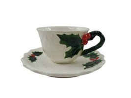 Vintage Chistmas Lefton China Holly Berry Cup &amp; Saucer 1970-1971 #6067 White  - £20.72 GBP