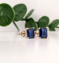 2.00 Ct Emerald Cut CZ Blue Sapphire Stud Earrings 14K White Gold Finish - £27.96 GBP