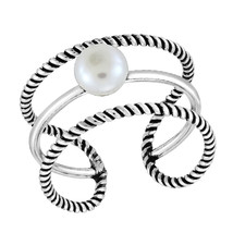 Modern Motif Triple Band Sweet White Pearl Sterling Silver Free Size Cuff Ring - £11.12 GBP