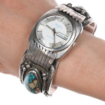 7.5&quot; Vintage Navajo LB Silver and turquoise Watch cuff with Automative Bulova - £353.04 GBP