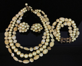 Vintage Faux Shell Pearl Marvella Signed Strand Necklace Earring Bracele... - $26.95